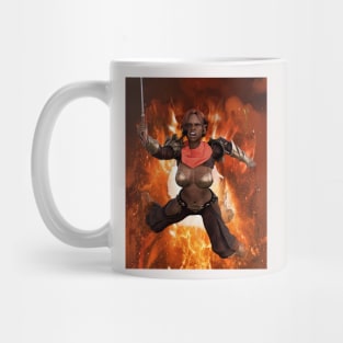 Warrior woman girl princess leaping from flames sword and armor Mug